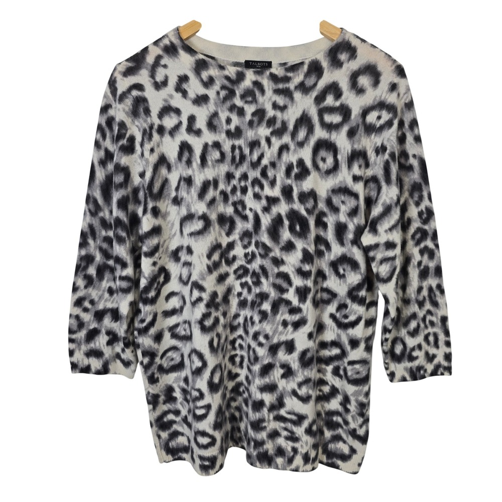 Talbots Plus 1X Pure Cashmere Leopard Print 3/4 Sleeve Sweater NWT Grey Ivory
